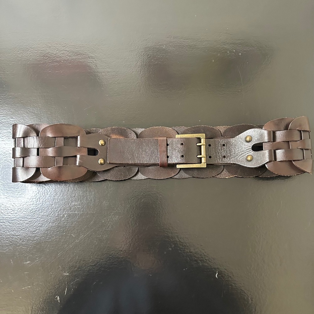 Antoniazzi Firenze Italy Brown Woven Leather Wide Waist Belt Scalloped XL Boho - Picture 5 of 9
